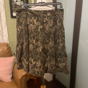 Tan and Green Embellished Corduroy Skater Skirt Knee-Length